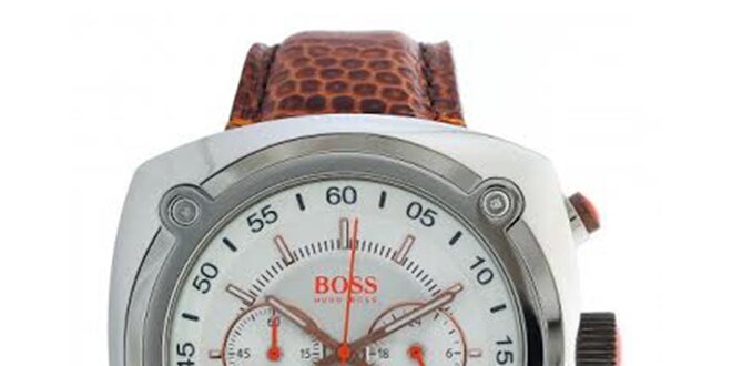 Pánské ocelové hodinky s hnědým koženým řemínkem Hugo Boss