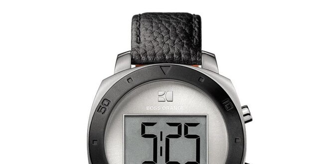 Kulaté digitální hodinky s černým řemínkem Hugo Boss Orange