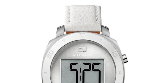 Kulaté digitální hodinky s bílým řemínkem Hugo Boss Orange