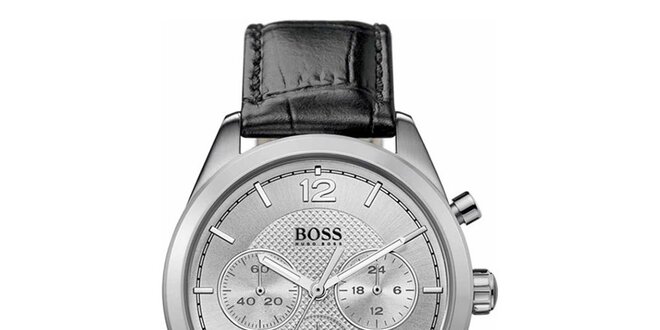 Pánské analogové hodinky s černým koženým páskem a chronografem Hugo Boss