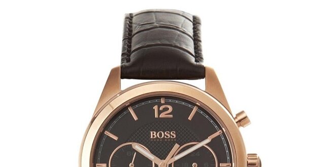 Pánské analogové hodinky s černým páskem, chronografem a pozlaceným pouzdrem Hugo Boss