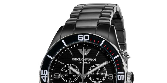 Černé hodinky s chronografem a datumovkou Emporio Armani