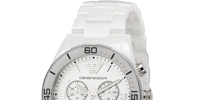 Stříbrné hodinky s bílým řemínkem Emporio Armani