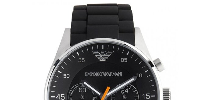 Černé kulaté hodinky s oranžovou vteřinovkou Emporio Armani