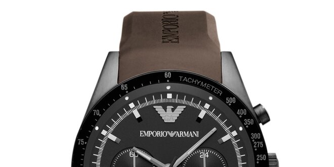 Pánské černé hodinky s hnědým řemínkem Emporio Armani