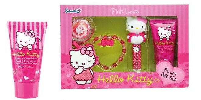Hello Kitty dárková sada- tělové mléko 50 ml, Náramek, lesk na rty, Balzám na rty s krytem 4,5g