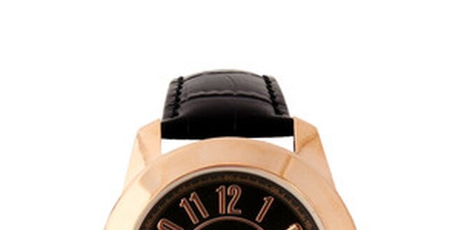 Dámské zlaté hodinky Lancaster s černým ciferníkem a černým koženým řemínkem