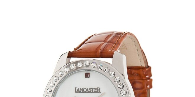 Dámské ocelové hodinky Lancaster s kamínky a hnědým koženým řemínkem