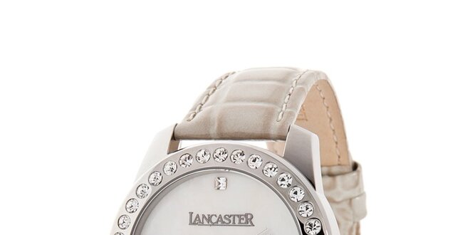 Dámské ocelové hodinky Lancaster s kamínky a bílým koženým řemínkem