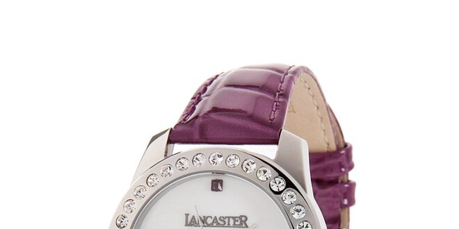 Dámské ocelové hodinky Lancaster s kamínky a fialovým koženým řemínkem