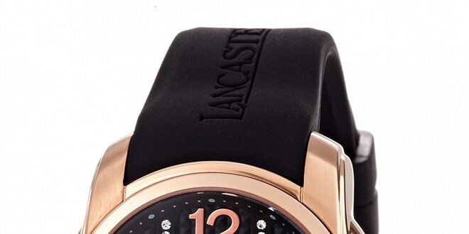 Dámské zlaté náramkové hodinky Lancaster s černým silikonovým řemínkem a kamínky