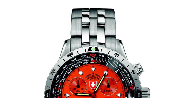 Pánské stříbrné hodinky s chronografem a oranžovým ciferníkem Swiss Military