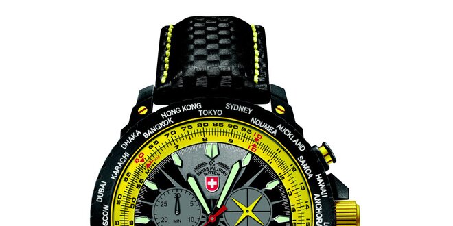 Pánské černé hodinky s chronografem a žlutými prvky Swiss Military