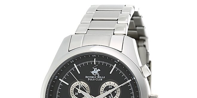 Pánské stříbrné ocelové hodinky s černým ciferníkem Beverly Hills Polo Club