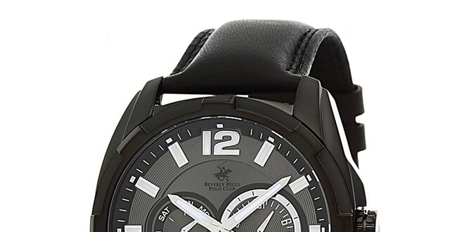 Pánské černé hodinky s originálním ciferníkem Beverly Hills Polo Club