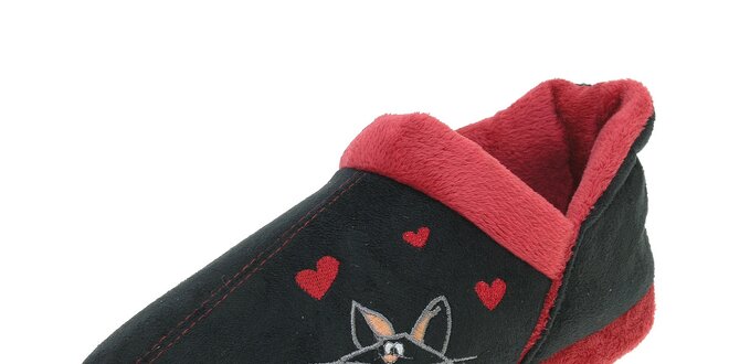 Dámské černé bačkory Beppi s červeným lemem a kočkou