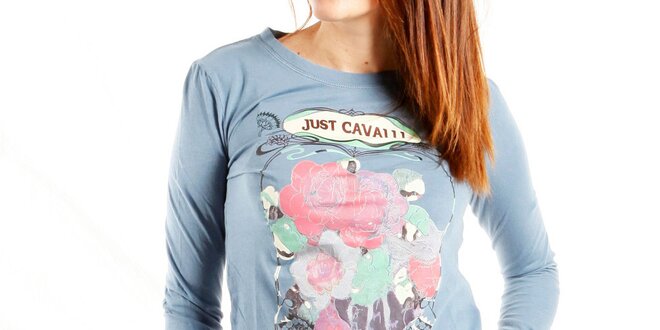 Dámské světle modré tričko Just Cavalli s potiskem růží