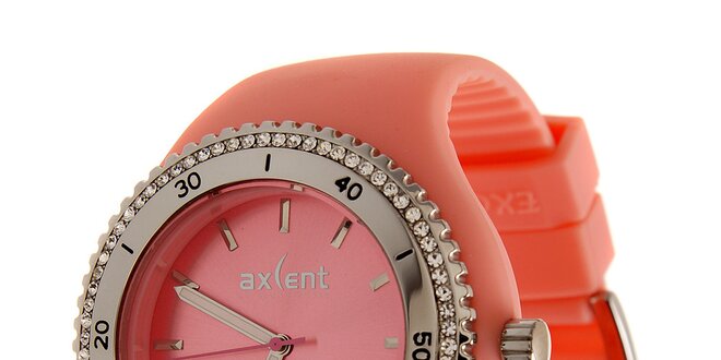 Dámské korálově růžové náramkové hodinky Axcent s pryžovým řemínkem a kamínky