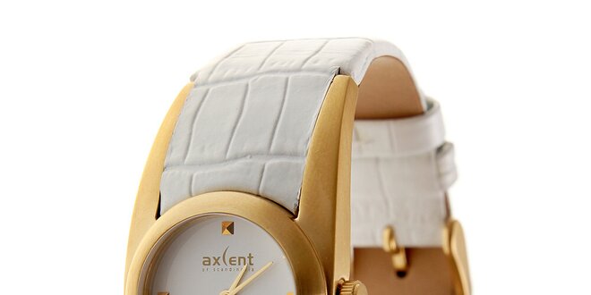 Dámské zlaté hodinky Axcent s bílým koženým řemínkem