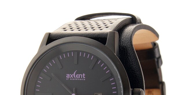 Černé ocelové hodinky Axcent s černým koženým řemínkem a fialovými prvky
