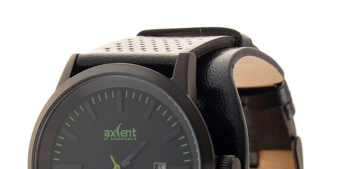 Černé ocelové hodinky Axcent s černým koženým řemínkem a zelenými prvky
