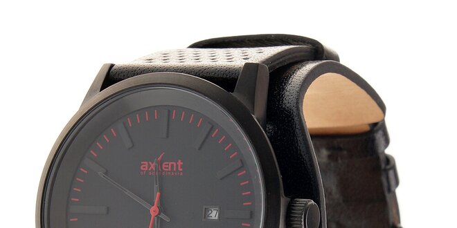 Černé ocelové hodinky Axcent s černým koženým řemínkem a červenými prvky