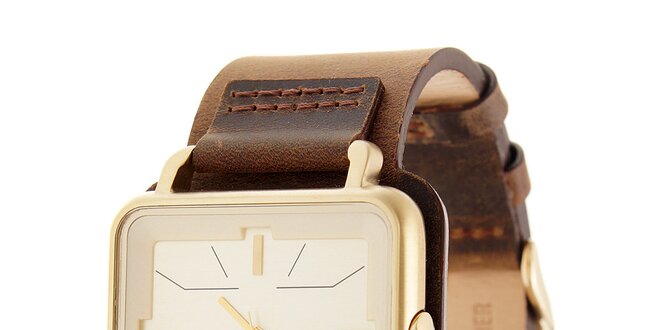 Zlaté hodinky Axcent s hnědým koženým řemínkem
