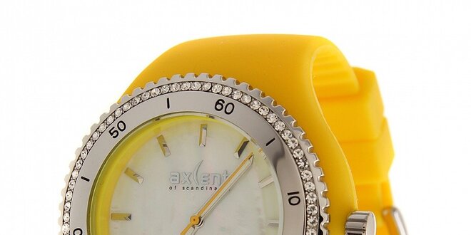 Dámské žluté náramkové hodinky Axcent s pryžovým řemínkem a kamínky