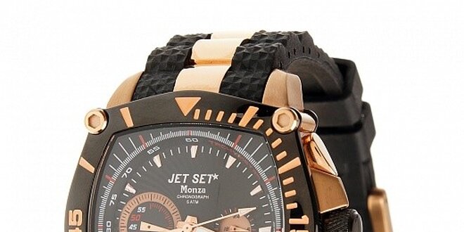 Ocelové hodinky Jet Set s černými detaily a zlatým povlakem