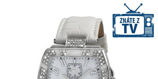 Dámské ocelové hodinky Jet Set s kamínky a bílým koženým řemínkem