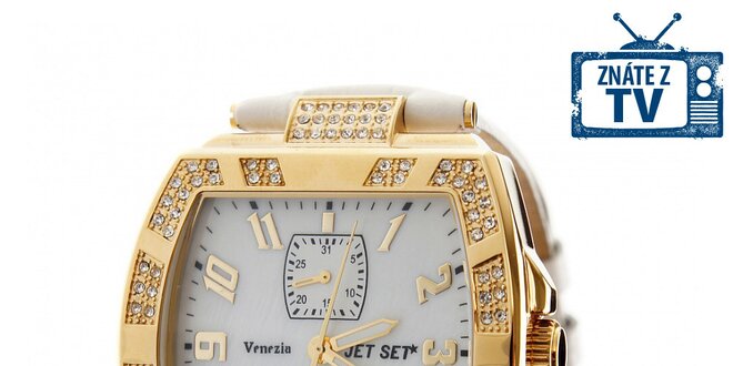 Dámské zlaté hodinky Jet Set s kamínky a bílým koženým řemínkem
