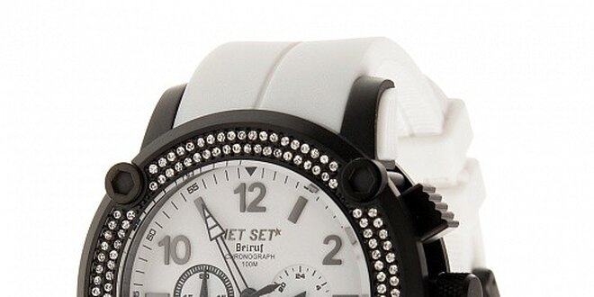Černé ocelové hodinky Jet Set s krystaly a bílým plastovým řemínkem