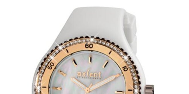Dámské zlaté ocelové hodinky Axcent s bílým pryžovým řemínkem