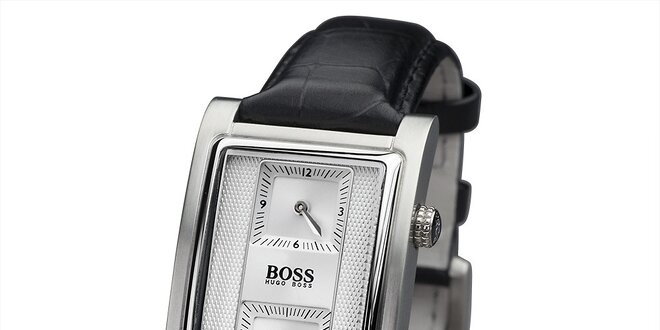 Pánské černé hodinky s hranatým světlým ciferníkem Hugo Boss