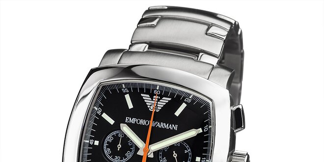 Pánské stříbrné hodinky s hranatým černým ciferníkem Emporio Armani