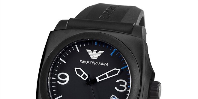 Pánské černé hranaté hodinky s datumovkou Emporio Armani