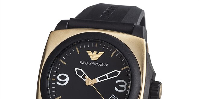 Pánské černé hodinky s hranatým pouzdrem ve zlaté barvě Emporio Armani