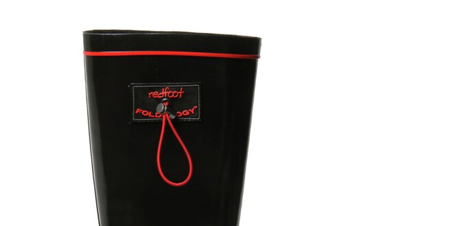 Dámské lesklé černé rolovací holínky RedFoot s červenými detaily