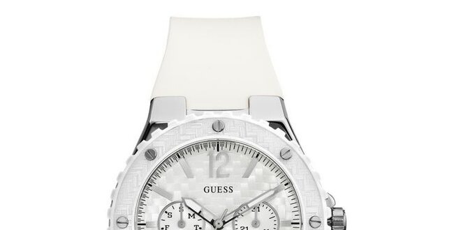 Dámské stříbrné hodinky s bílým řemínkem Guess