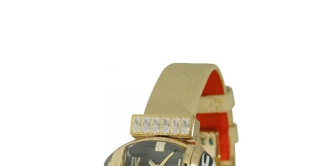Dámské zlaté náramkové hodinky Gianfranco Ferré s černým ciferníkem a koženým řemínkem