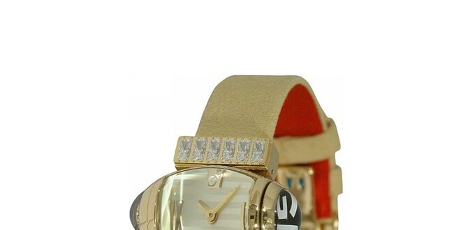 Dámské zlaté náramkové hodinky Gianfranco Ferré s bílým ciferníkem a koženým řemínkem