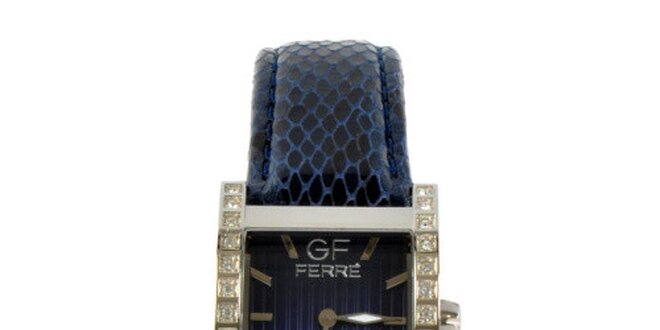 Dámské ocelové hodinky Gianfranco Ferré s kamínky a tmavě modrým koženým řemínkem
