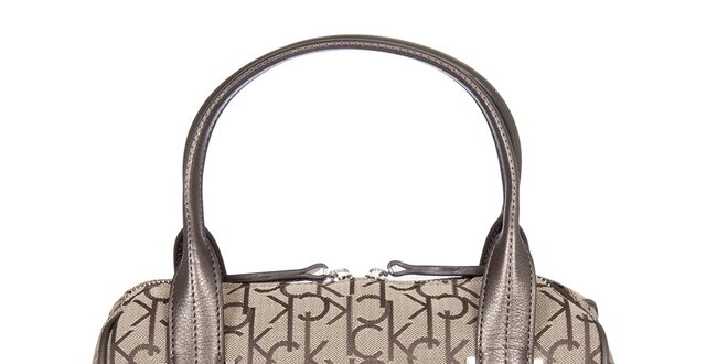 Dámská krémová kufříková vzorovaná kabelka s koženými poutky Calvin Klein