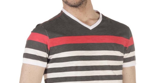 Pánské šedo-červeno-béžové pruhované tričko SixValves