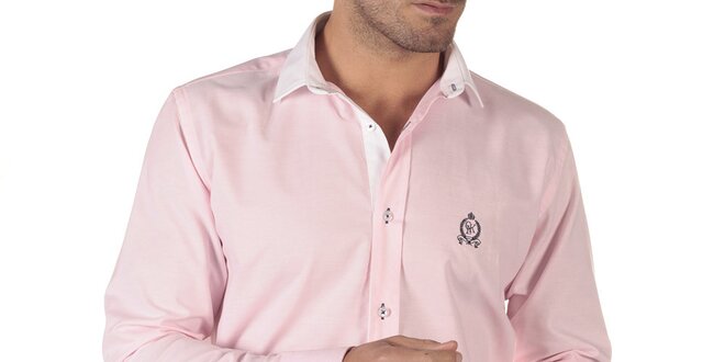 Pánská růžová košile s dlouhým rukávem a bílým límečkem CLK