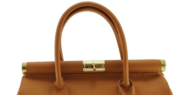 Dámská koňakově hnědá kožená kabelka se zlatým zámečkem Florence Bags