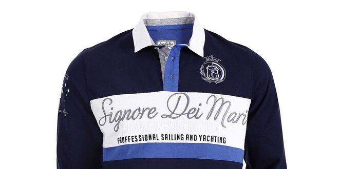 Pánské tmavě modré polo triko s dlouhými rukávy a bílým pruhem Signore dei Mari
