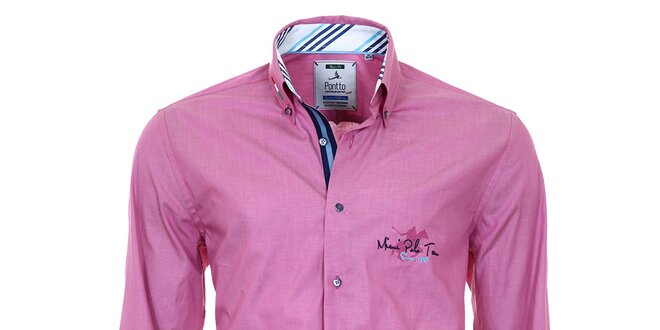 Pánská růžová košile s pruhovanými manžetami Pontto