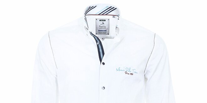 Pánská bílá košile s pruhovanými manžetami Pontto