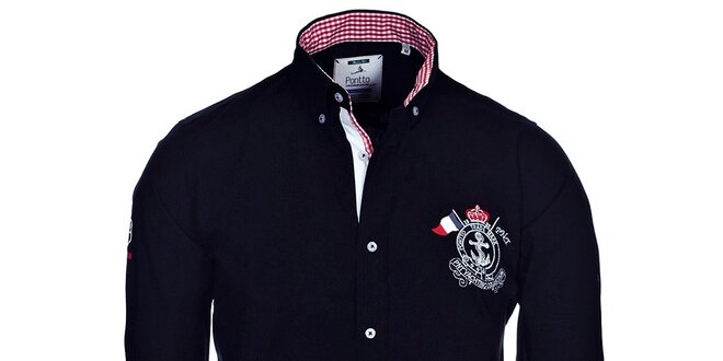 Pánská černá košile Pontto s kostkovanými detaily